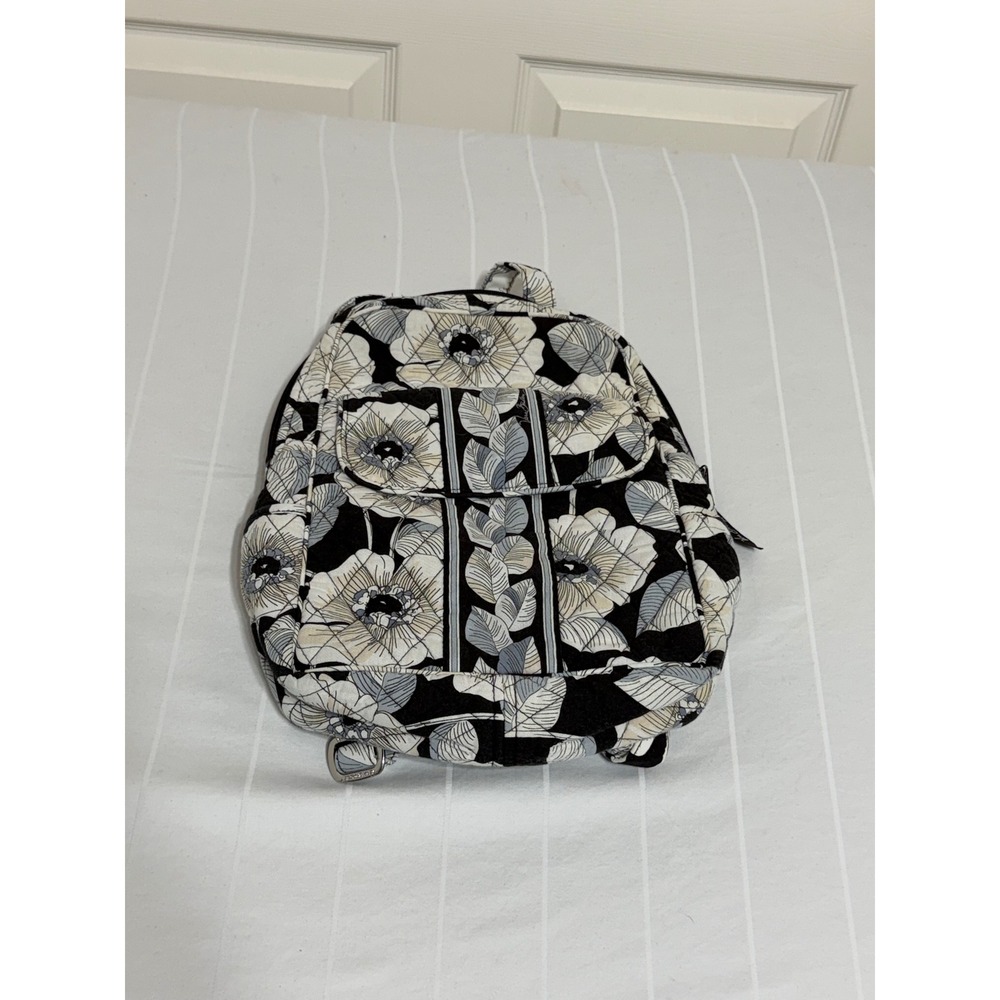 Vera Bradley Night and Day Floral Quilted Cotton Mini Backpack Black White Grey